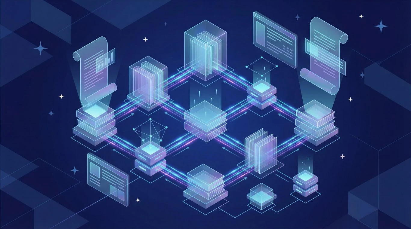 Illustration isométrique d'une bibliothèque numérique futuriste connectée par des données