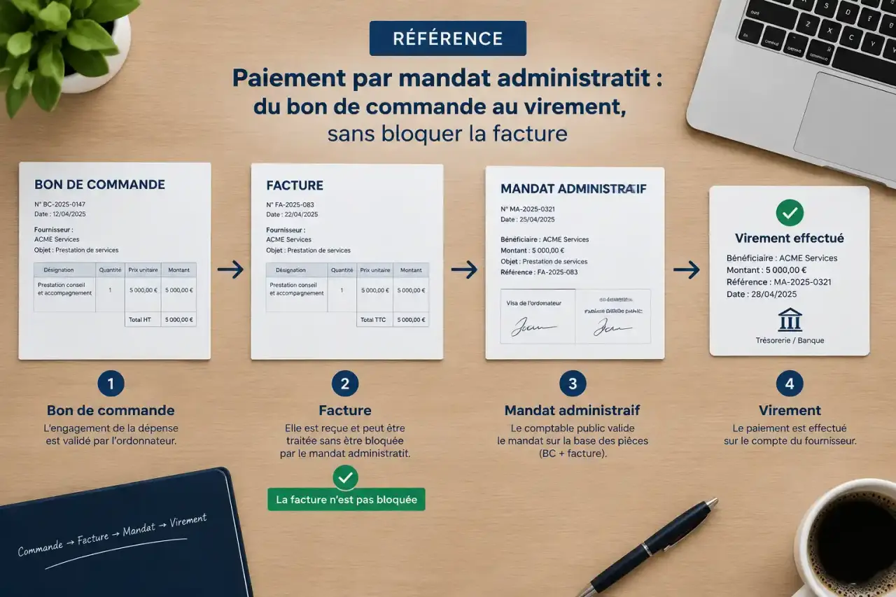 Paiement par mandat administratif : du bon de commande au virement, sans bloquer la facture