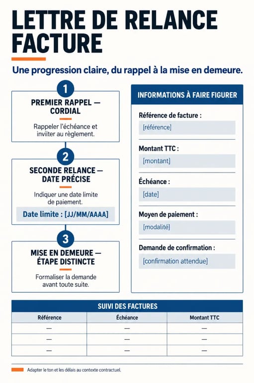 Infographie sur les étapes d’une lettre de relance facture et les informations à indiquer