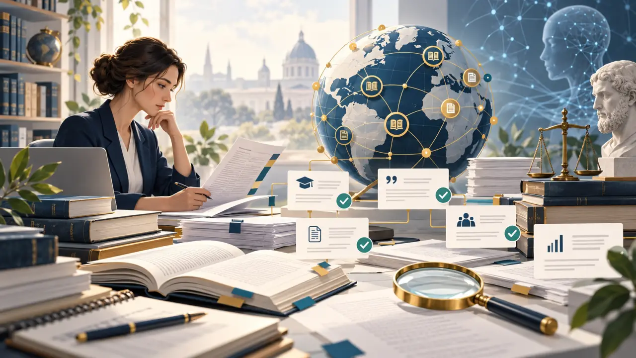 Bibliothèque numérique connectée représentant la vérification des sources académiques