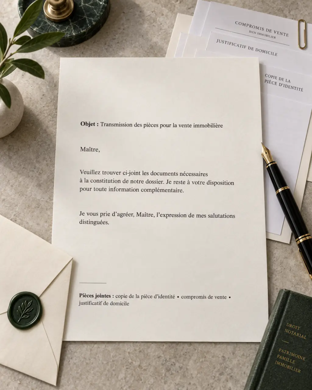 Écrire au notaire : « Maître » au début, objet précis et pièces jointes à la fin