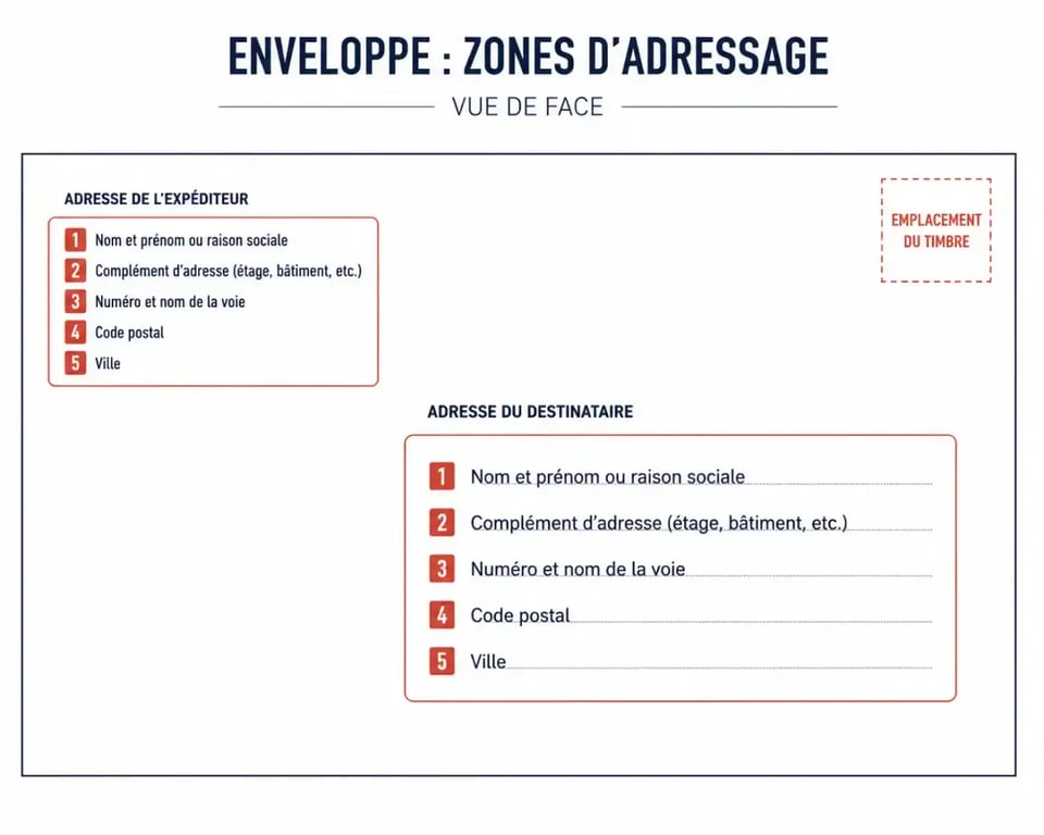 schéma montrant comment écrire une enveloppe avec l'emplacement des adresses