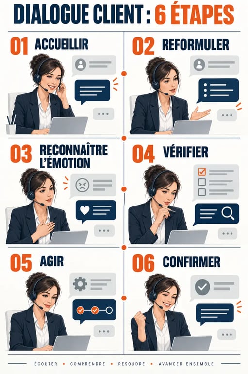 Exemple de dialogue client mécontent avec les six étapes pour désamorcer une réclamation