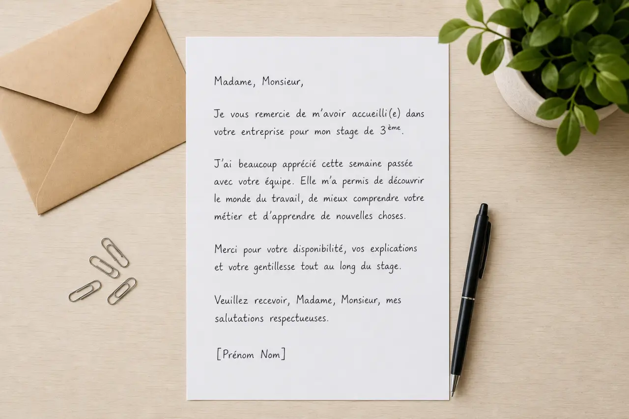 Lettre de remerciement pour stage de 3eme : un modèle poli, simple et naturel