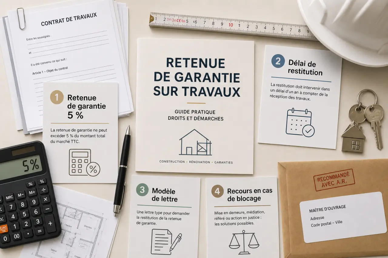 Retenue de garantie sur travaux : 5 %, délai de restitution, modèle de lettre et recours en cas de blocage