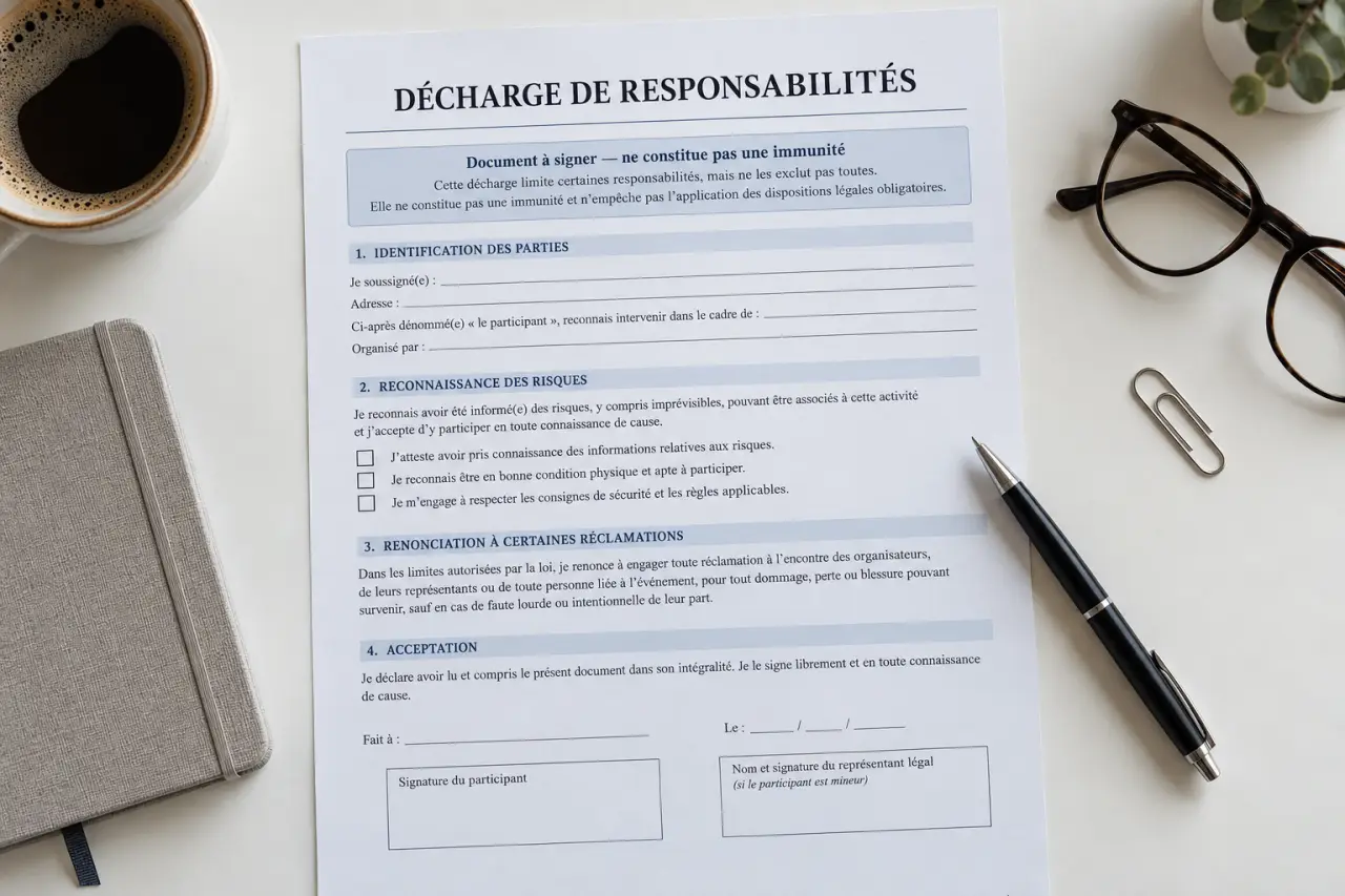 Modèle de décharge de responsabilités : un document à signer, pas une immunité
