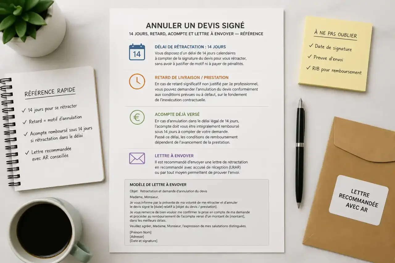 Annuler un devis signé : 14 jours, retard, acompte et lettre à envoyer