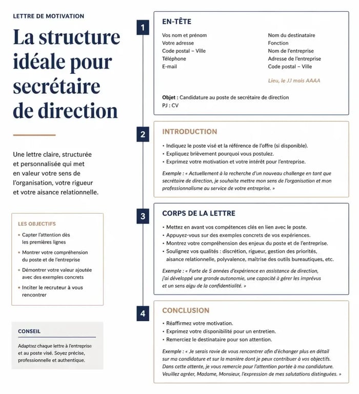 Structure idéale d'une lettre de motivation secrétaire de direction