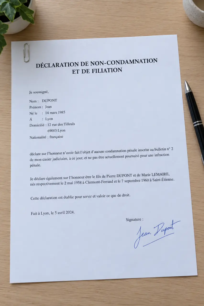 Le fichier à déposer est la déclaration de non-condamnation et de filiation, signée