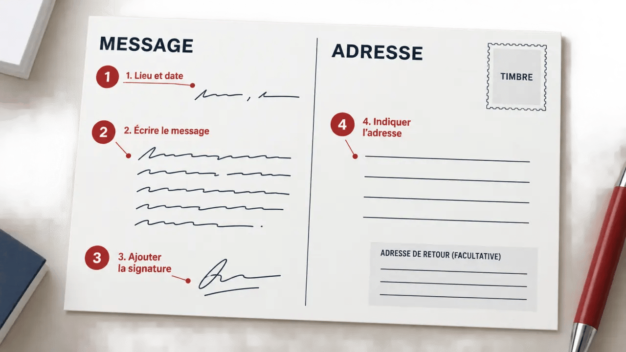 Schéma visuel pour comprendre comment écrire carte postale et répartir le message, l’adresse et le timbre